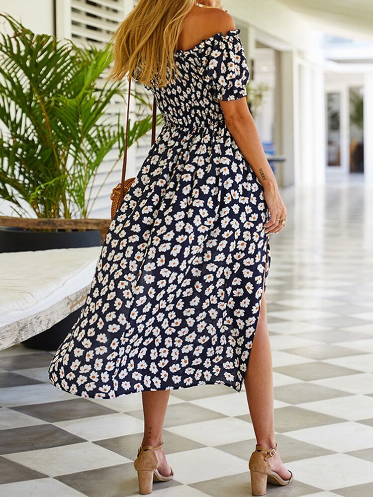 Kvinnors Midi Klänning Blommönster Kort Ärmar Mjuk Tyg 4