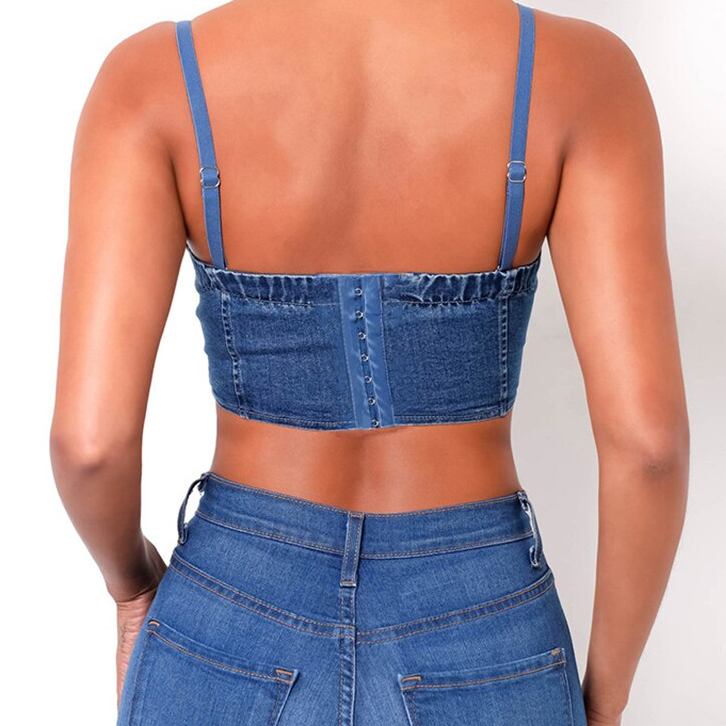 Dam Bustier Kort Denim med Spetsdetaljer-2