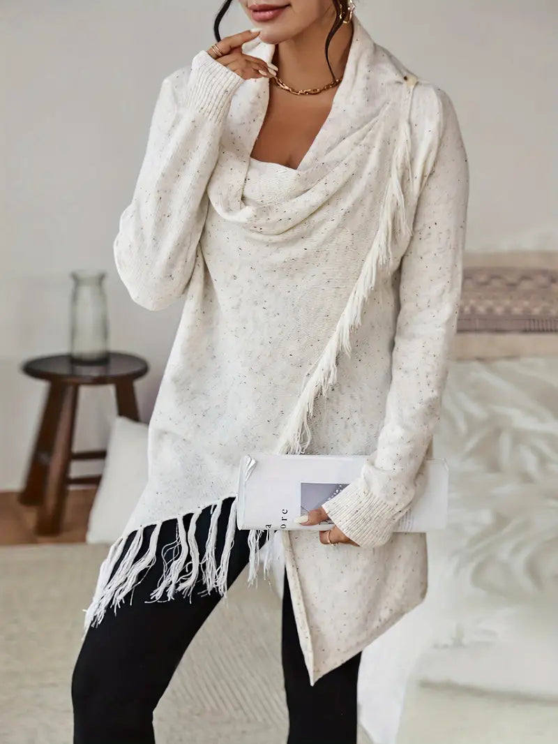 Dam Stickad Tröja med Fransar Asymmetrisk Nederkant Mjuk Material-2