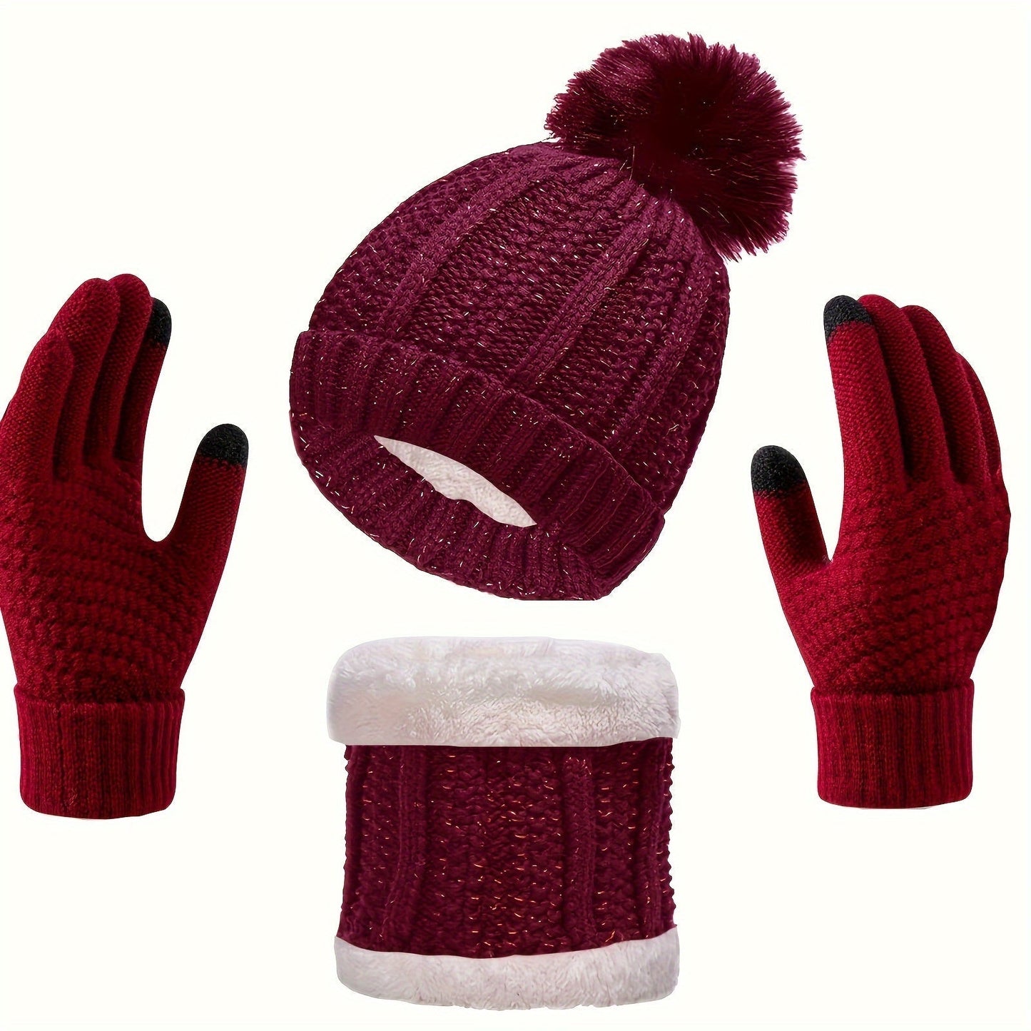 Variant image for Kvinnors Vinteruppsättning Hatt Halsduk Handskar Stickad Kvalitet-6