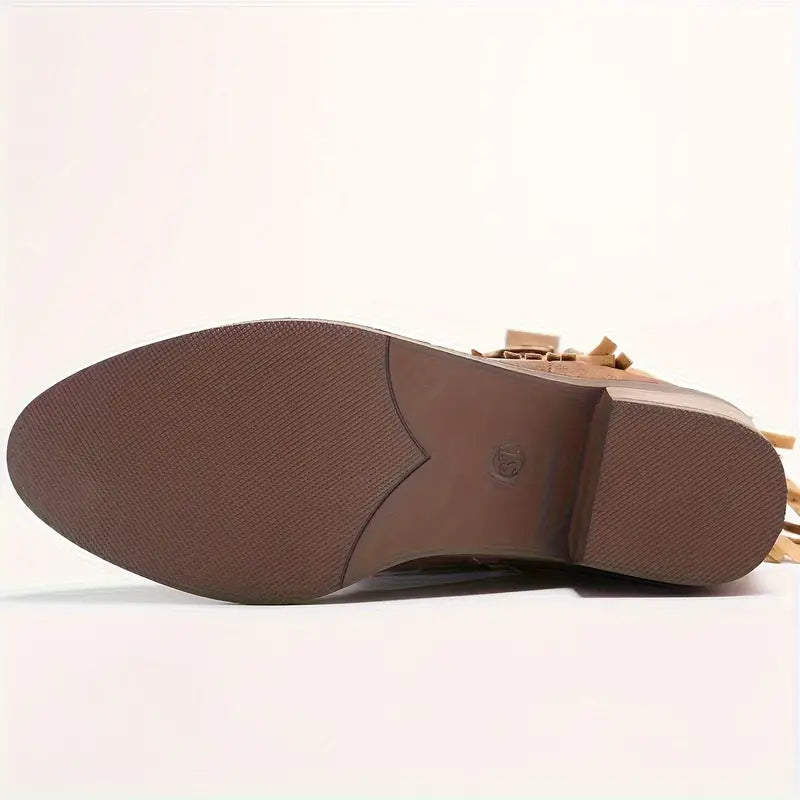 Dam Cowboystövlar med Tjock Klack och Fransar i Läder-5