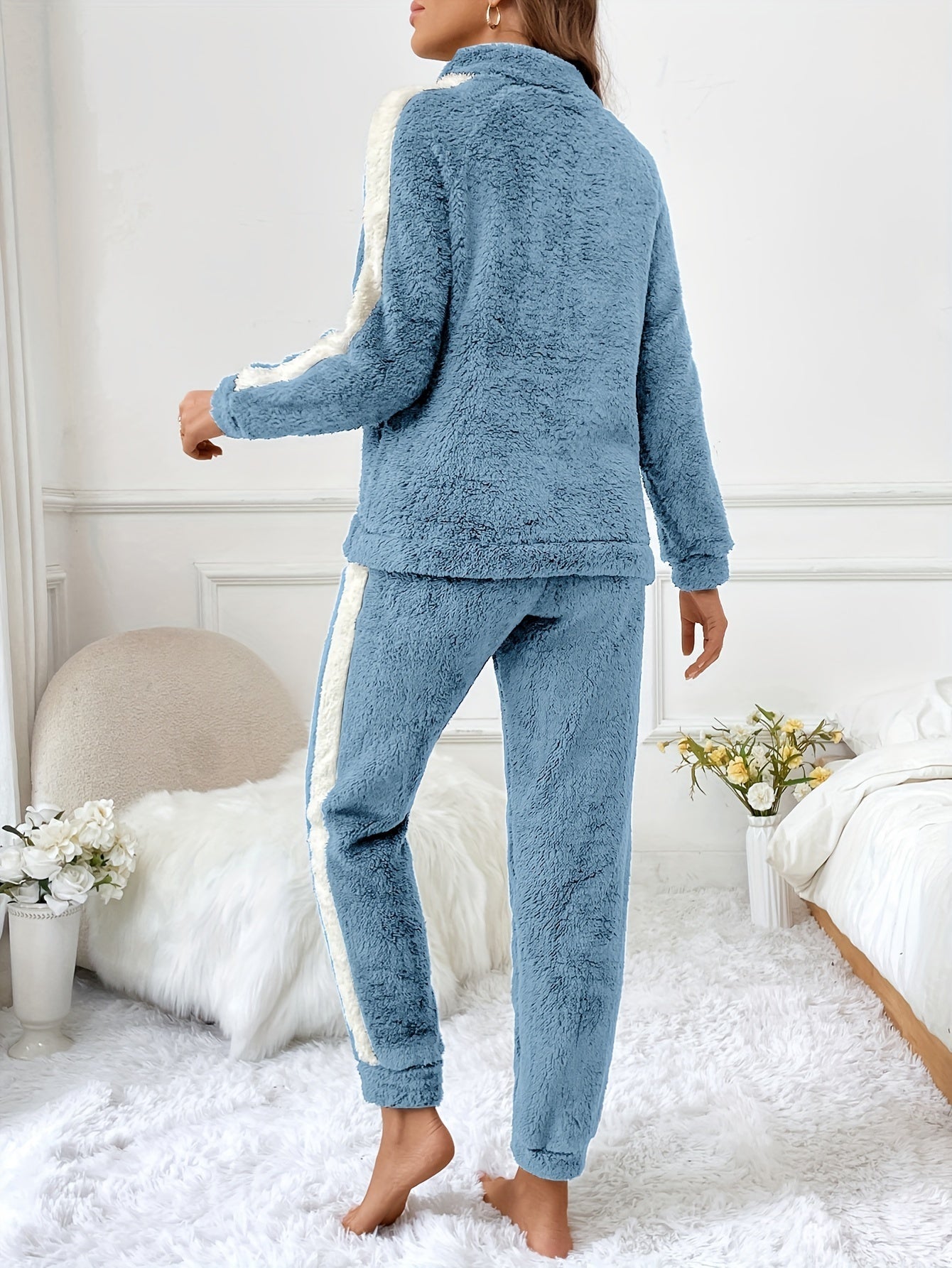 Dam Pyjamas Set Plysch Lång Zip Topp och Byxor-3