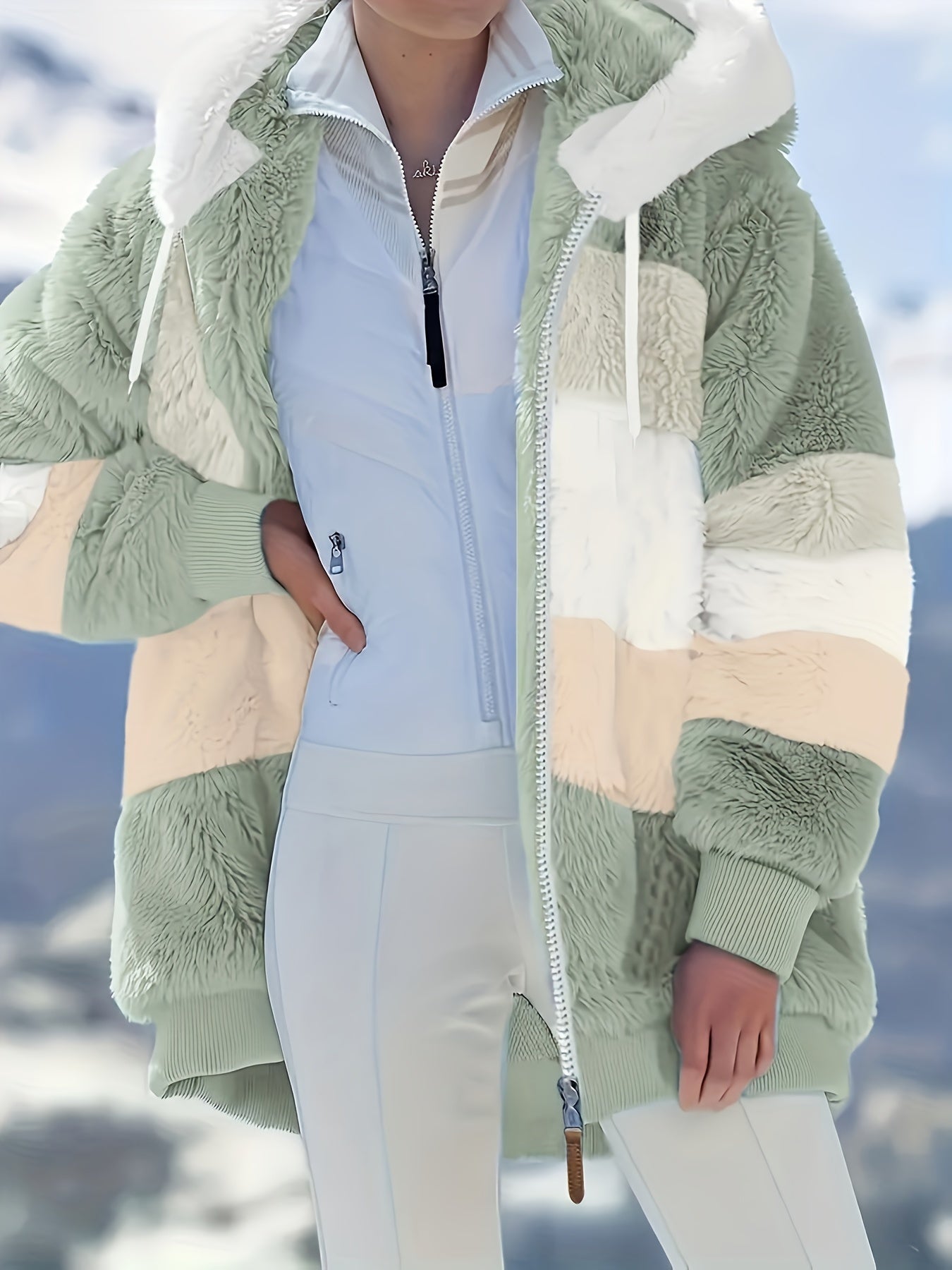 Dam Lång Teddyjacka Färgblockad Teddyfleece med Huva och Fickor 13