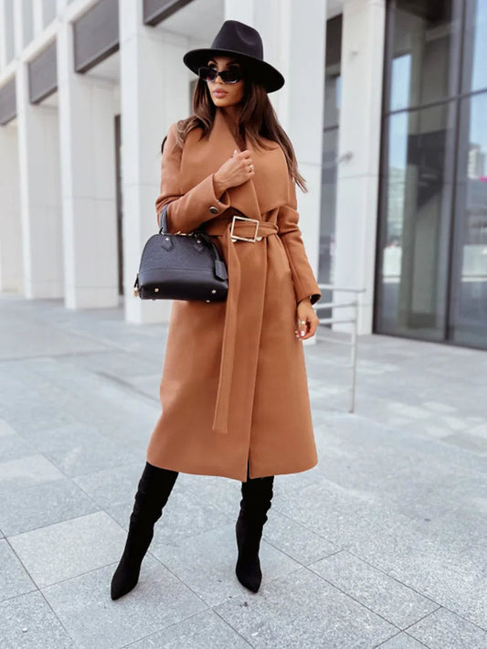 Lång Trenchcoat Dam med V-hals och Bälte i Polyester – Modern och Elegant För Kalla Dagar 1