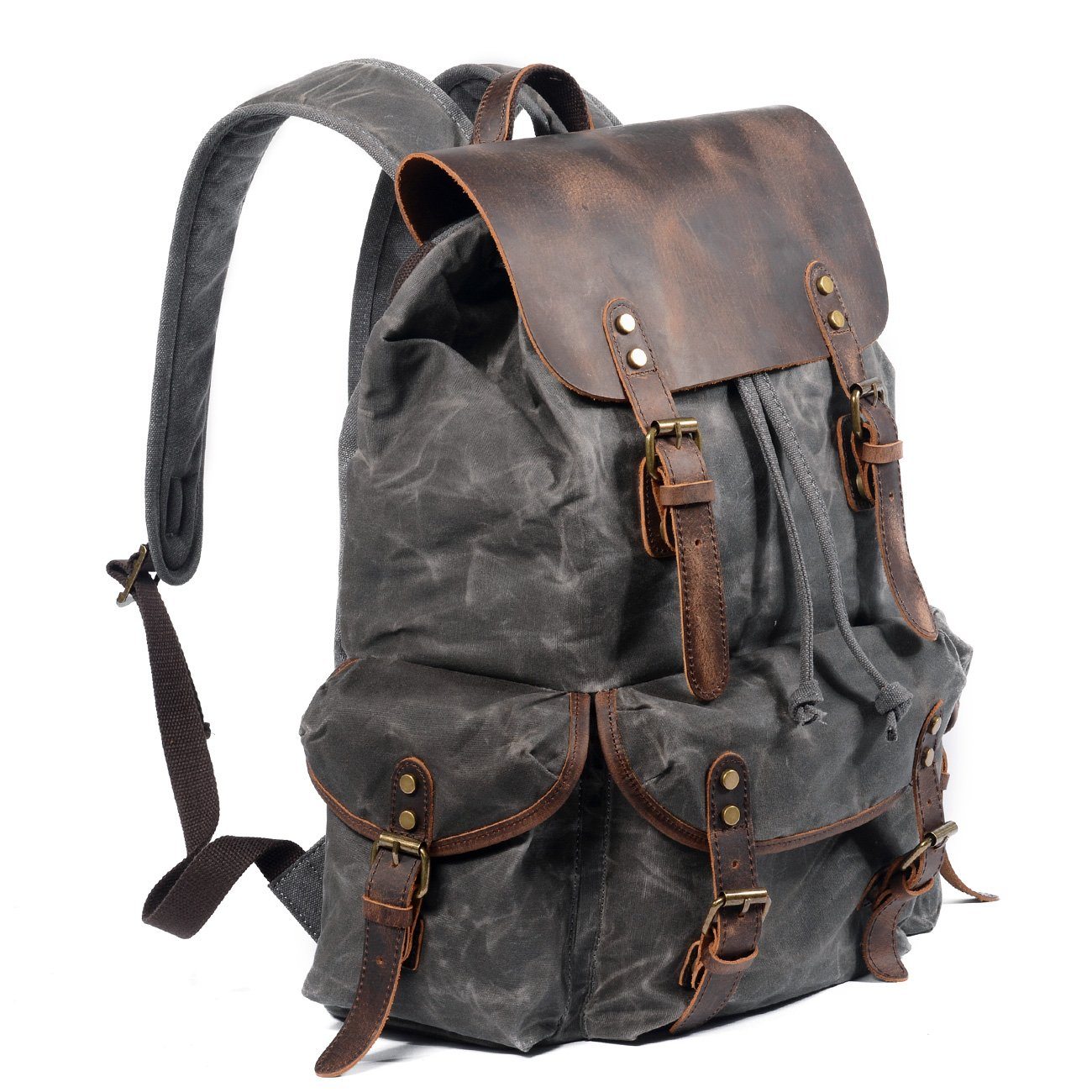 Unisex Ryggsäck Vintage Vaxat Canvas och Läder-3
