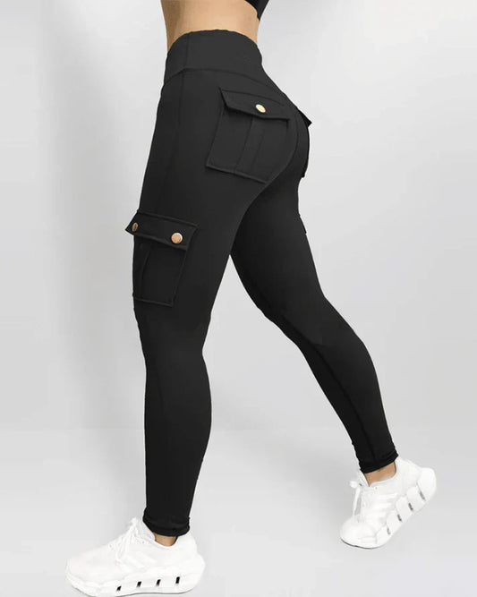 Dam Leggings Hög Midja Sportiga med Lastväskor i Stretchigt Material-1