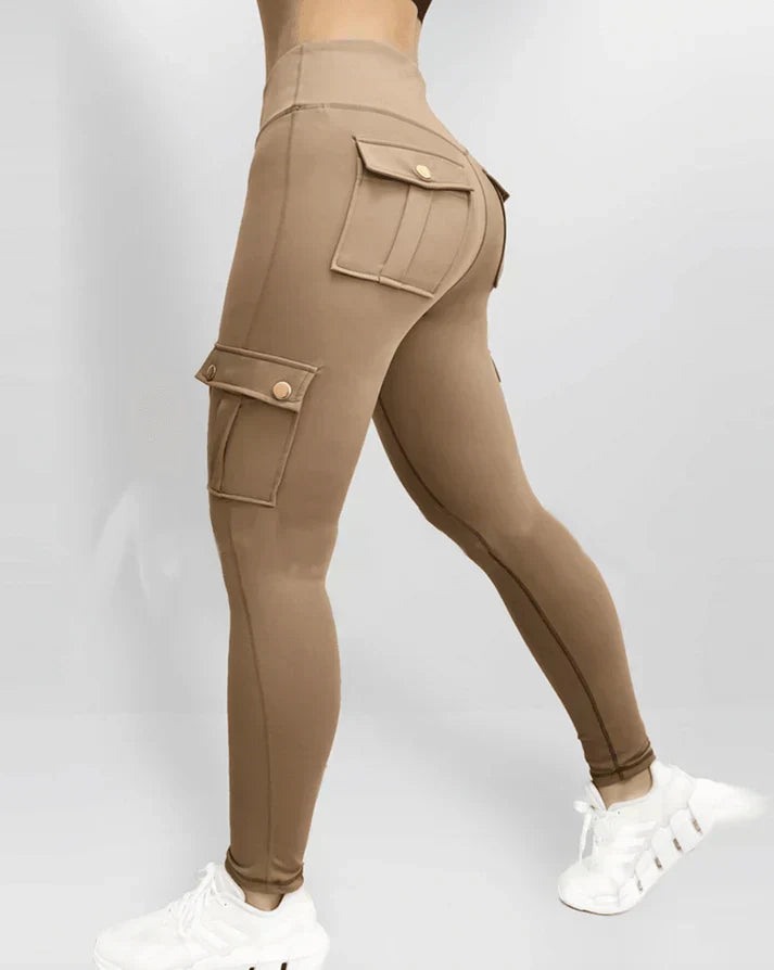 Dam Leggings Hög Midja Sportiga med Lastväskor i Stretchigt Material-5