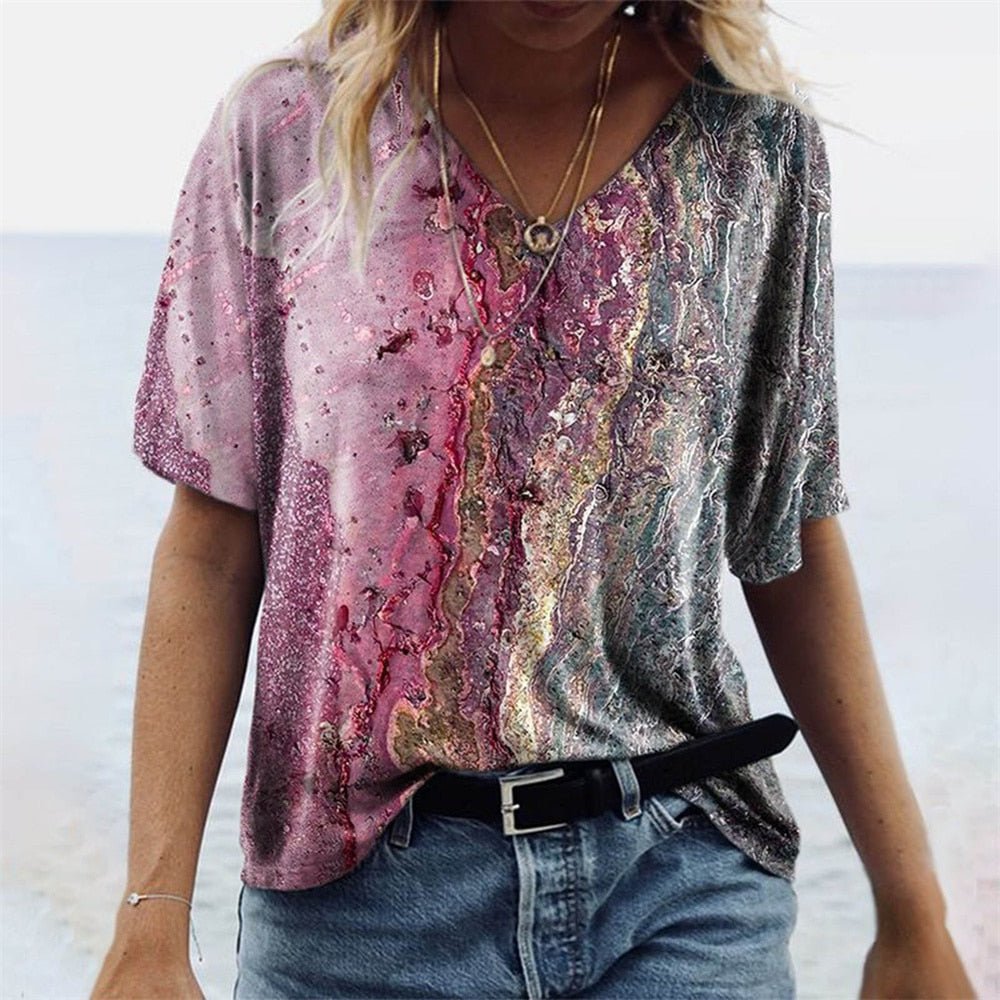 Dam T-shirt Boho Stil V-ringning Marmor Mönster Polyester 13