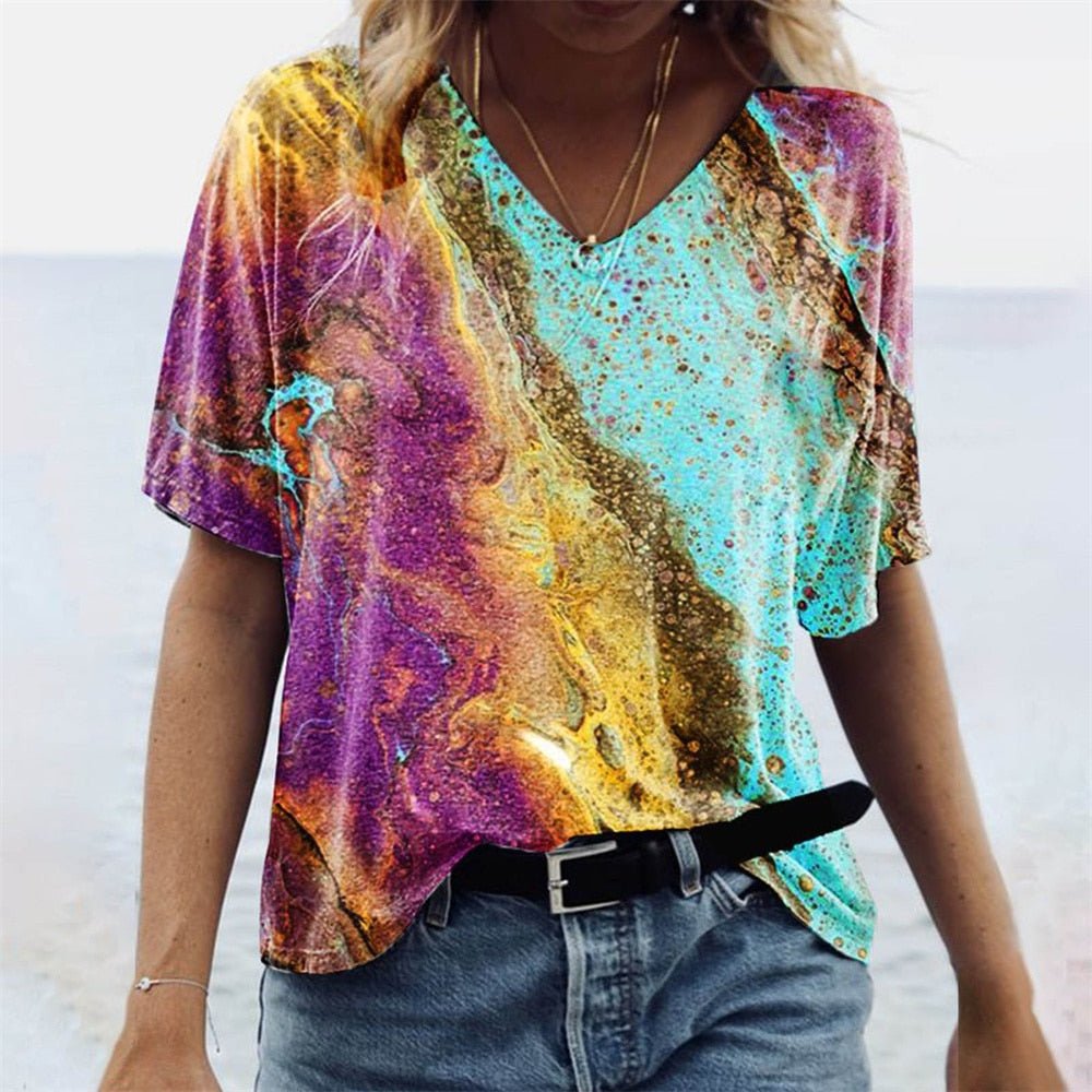 Dam T-shirt Boho Stil V-ringning Marmor Mönster Polyester 12