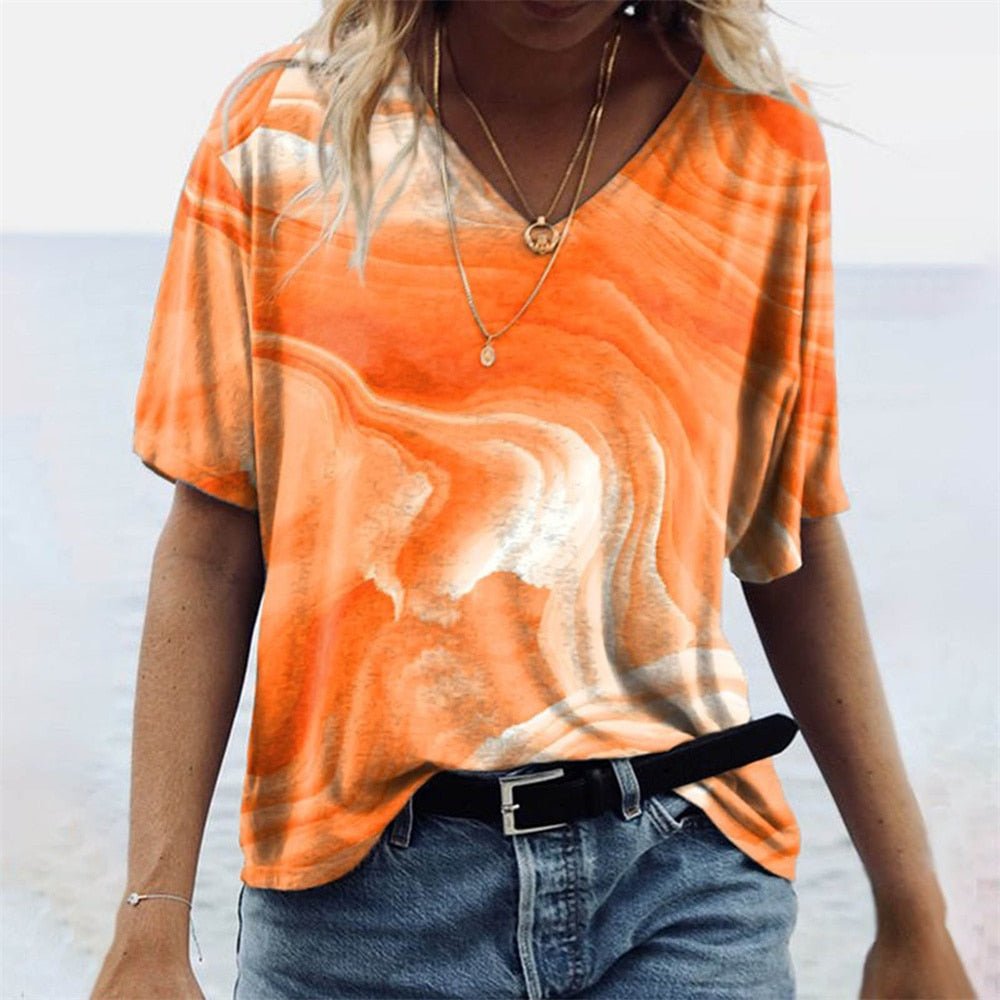 Dam T-shirt Boho Stil V-ringning Marmor Mönster Polyester 2