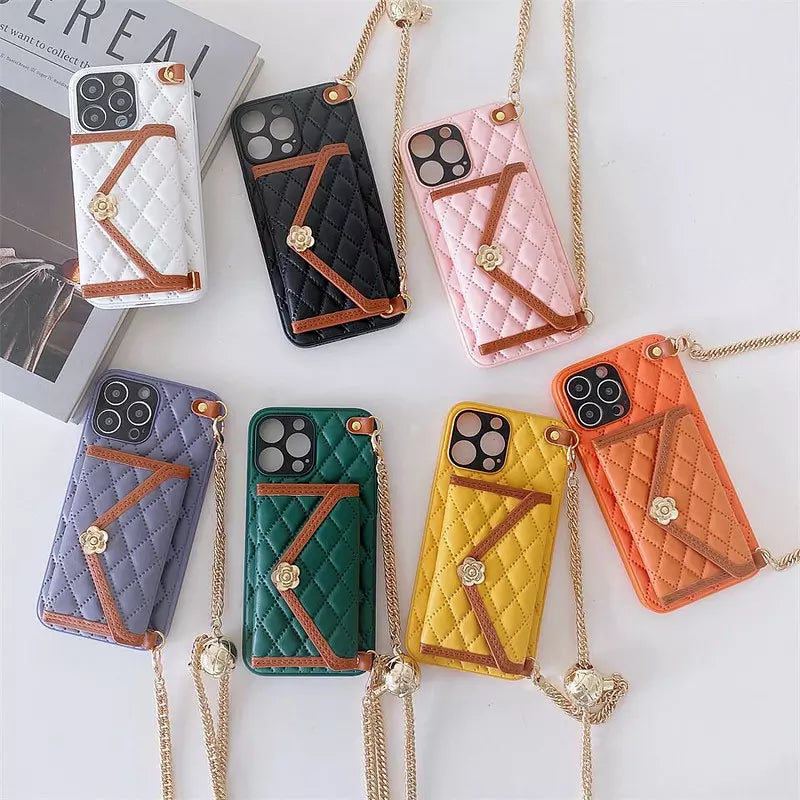 Kvinnors iPhone Fodral Plånboksfodral Med Diamantmönster och Avtagbar Kedja-3