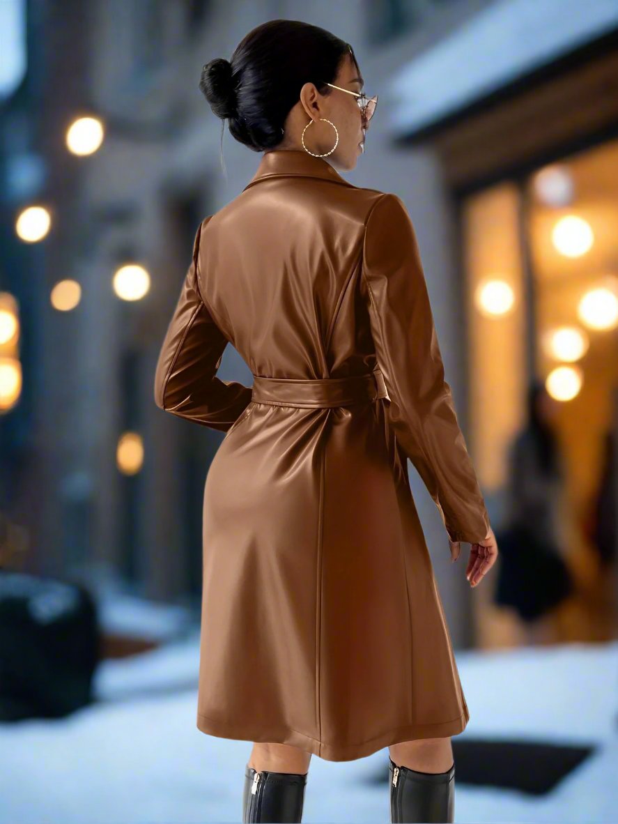 Dam Trenchcoat Lång Slim-Fit PU-Läder med Reverskrage och Fickor-2