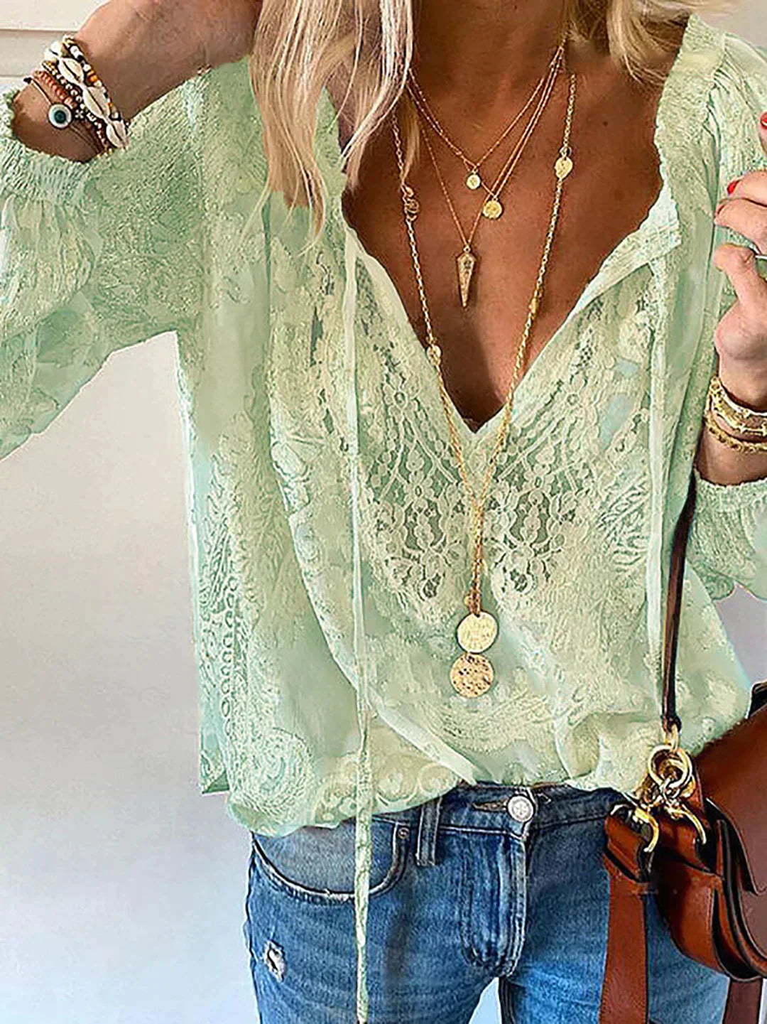Vit Dam Blus med Spetsdetaljer Polyester Elegant Stil-4