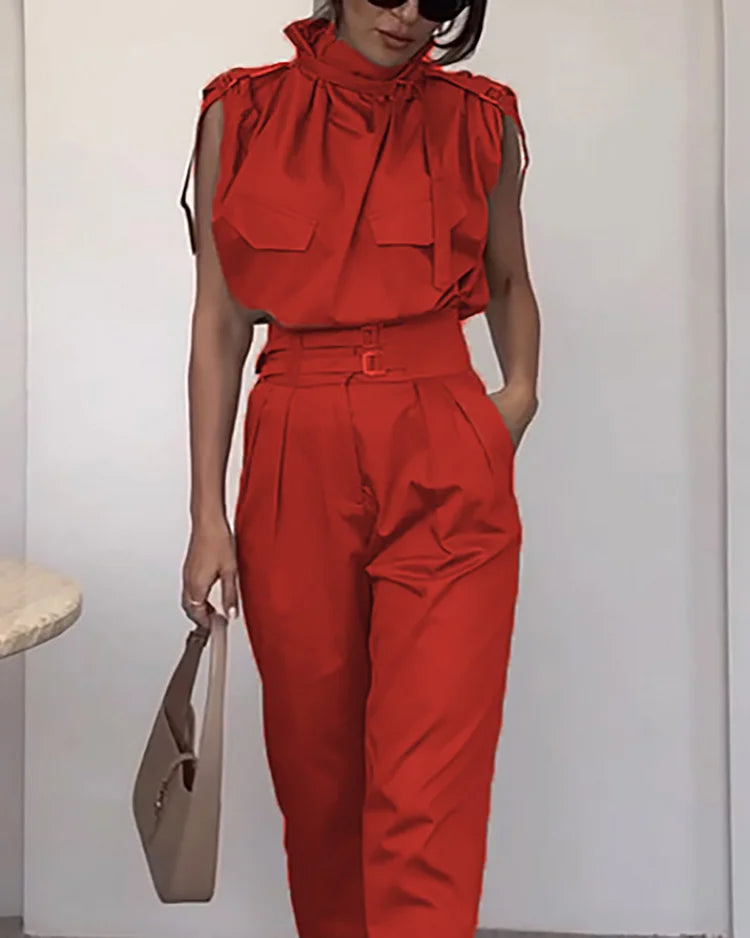 Dam Set Krawattenhals Topp och Byxor Polyester Avslappnad-2