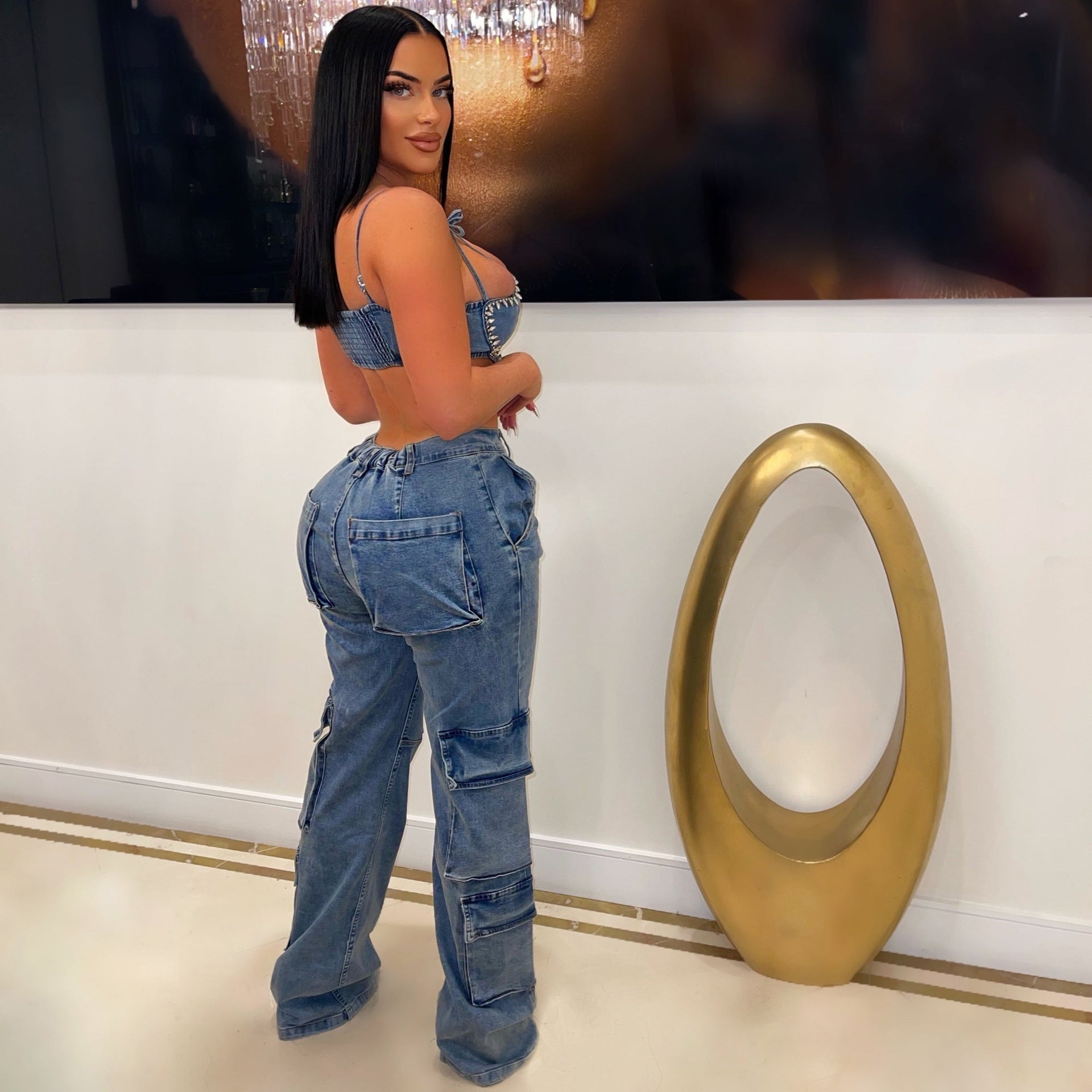 Dam Jeans Raka Snitt Bomull Komfortabel Passform-4