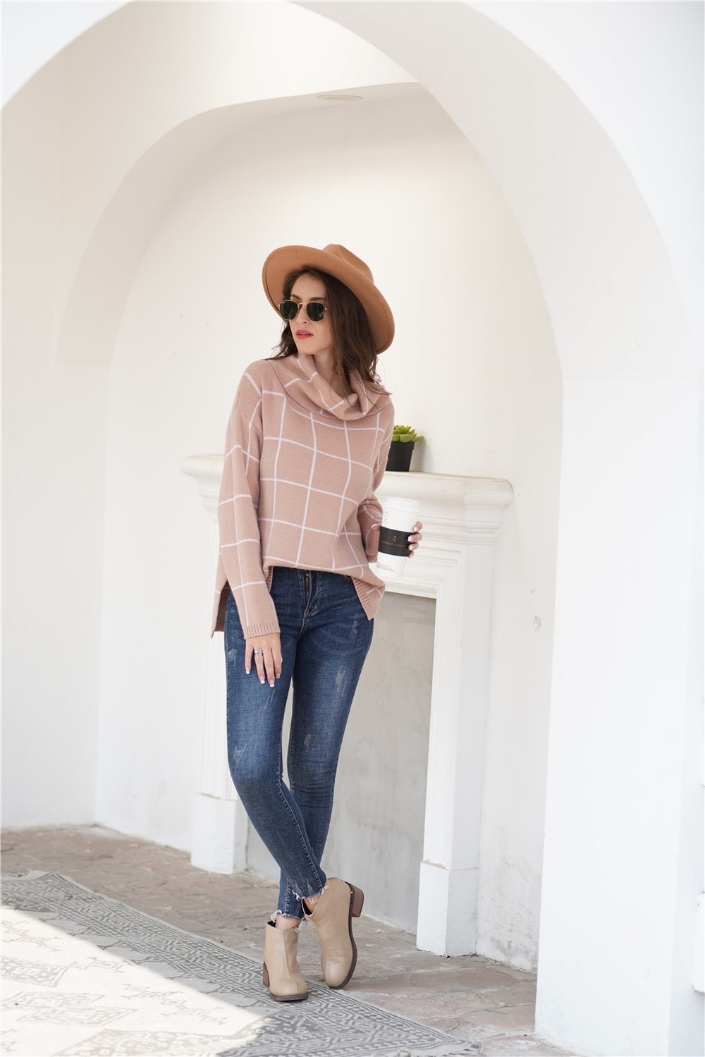 Stickad Dam Tröja Ribbade Detaljer Lätt Karo Mjuk Nylon/Akryl-6