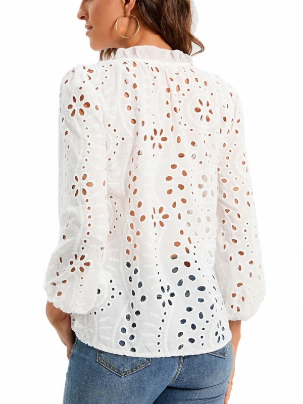 Kvinnors Blus Modern Broderad Polyester Tre Fjärdedelar-3
