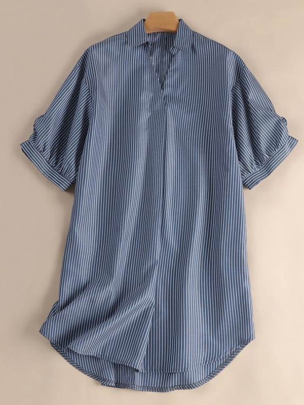 Skjortklänning Dam V-ringning Randig Polyester Knälång 2