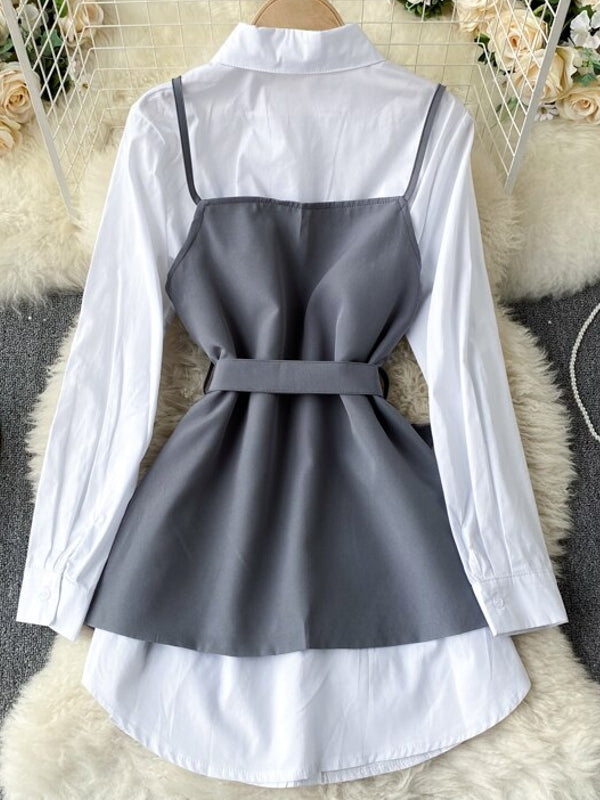 Kvinnors Tvådelad Outfit med Bälte – Vit Blus i Polyester med Klassisk Krage och Långa Ärmar 4