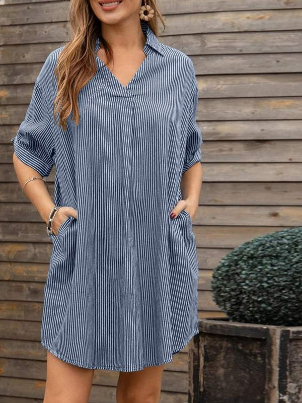 Skjortklänning Dam V-ringning Randig Polyester Knälång 9