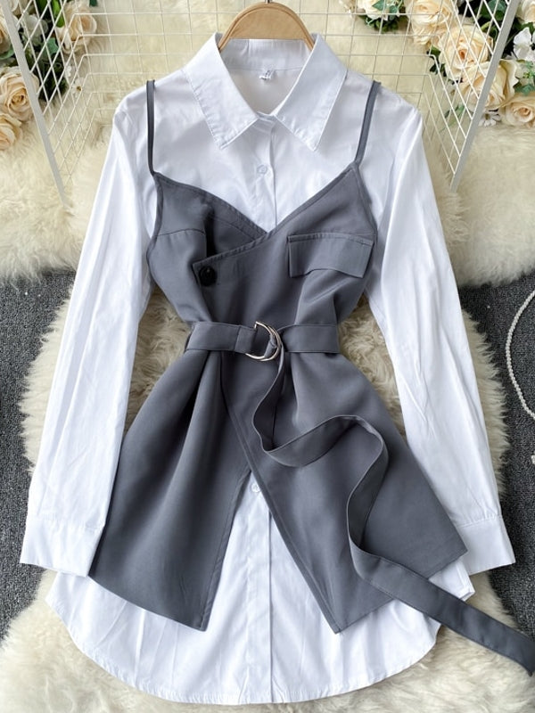 Kvinnors Tvådelad Outfit med Bälte – Vit Blus i Polyester med Klassisk Krage och Långa Ärmar 1