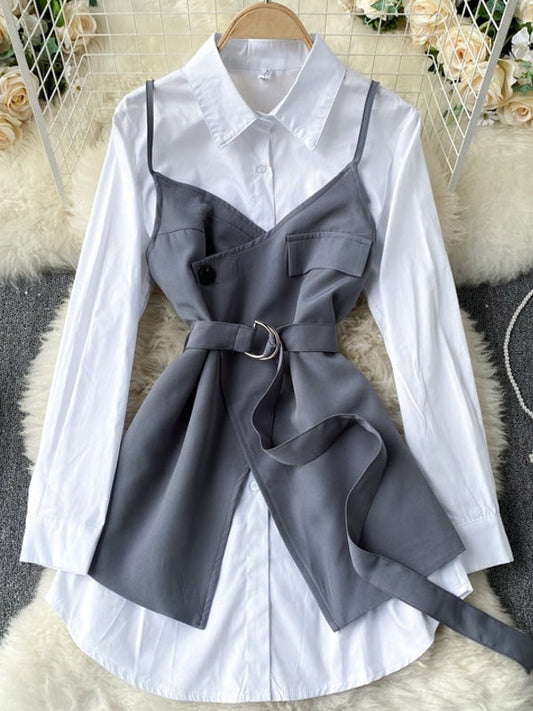 Kvinnors TvĂ„delad Outfit med BĂ€lte â Vit Blus i Polyester med Klassisk Krage och LĂ„nga Ărmar 1