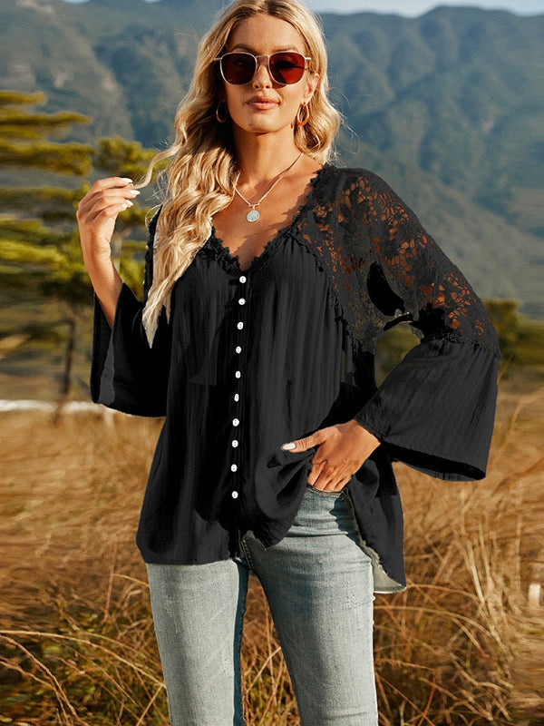 Elegant Dam Blus med Vintage Spetsdesign och Flödande Ärmar – Bomull och Polyester, Mångsidig för Vardag och Fest 3