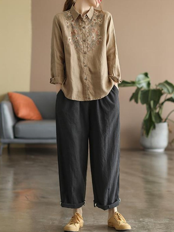 Kvinnors Blommig Skjorta Etnisk Stil Bomullslinn 6