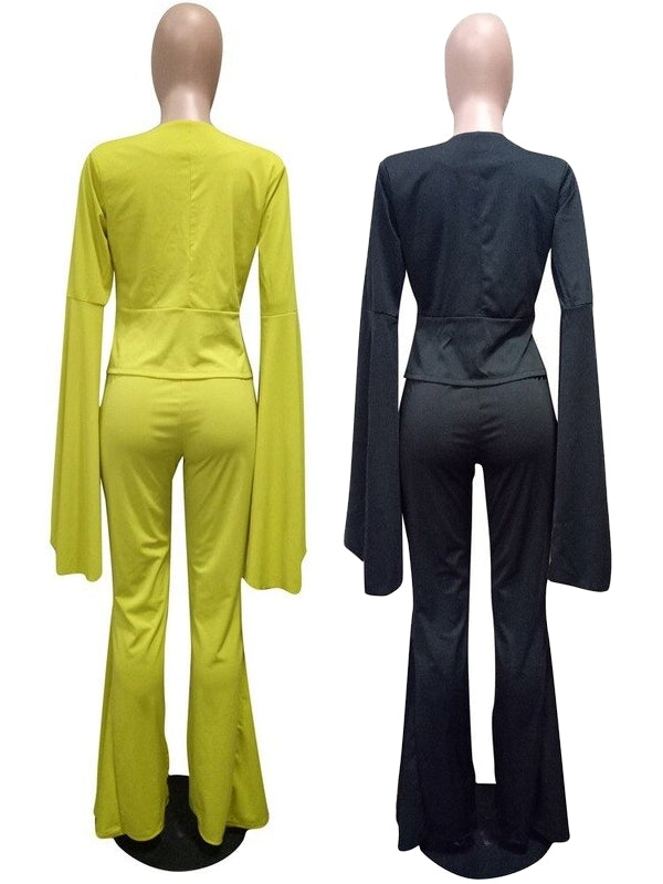 Dam Blazerset med V-ringning och Rufsade Ärmar, Breda Byxor i Polyester-4