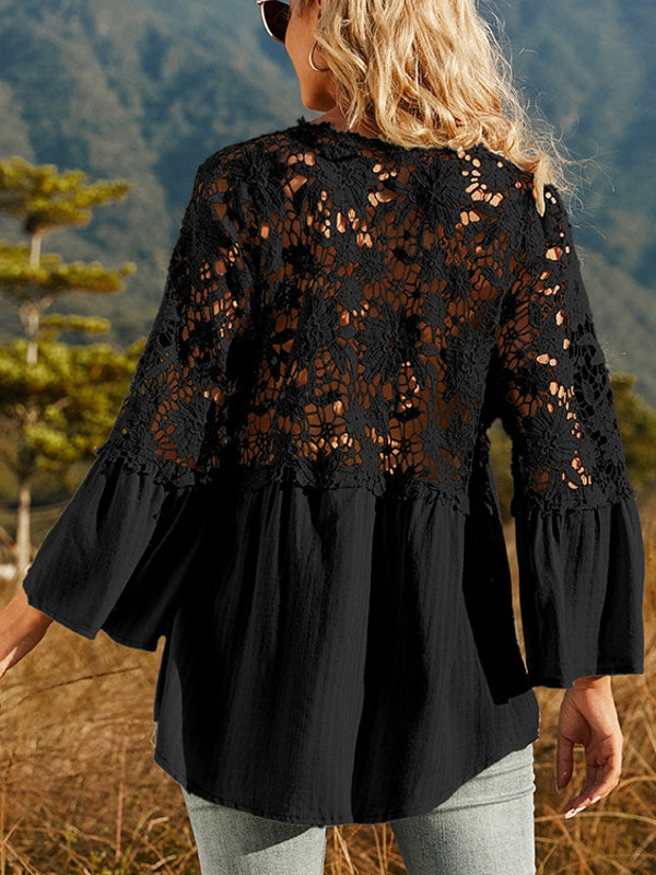 Elegant Dam Blus med Vintage Spetsdesign och Flödande Ärmar – Bomull och Polyester, Mångsidig för Vardag och Fest 5
