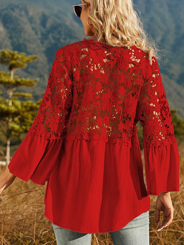 Elegant Dam Blus med Vintage Spetsdesign och Flödande Ärmar – Bomull och Polyester, Mångsidig för Vardag och Fest 6