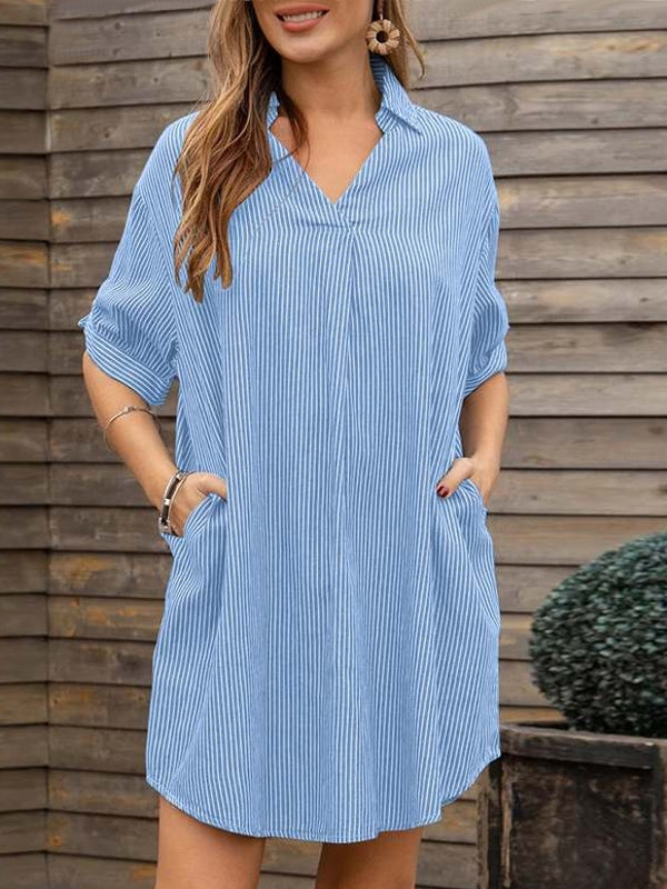 Skjortklänning Dam V-ringning Randig Polyester Knälång 8