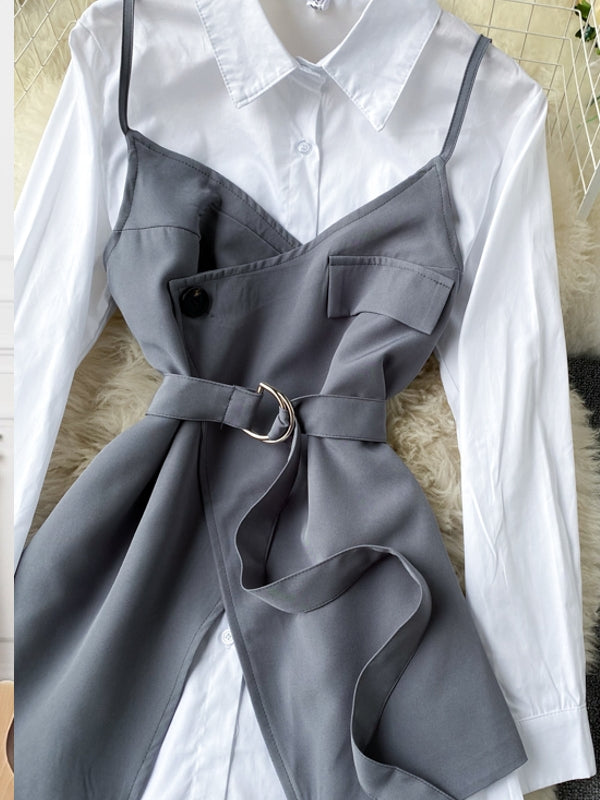 Kvinnors Tvådelad Outfit med Bälte – Vit Blus i Polyester med Klassisk Krage och Långa Ärmar 5