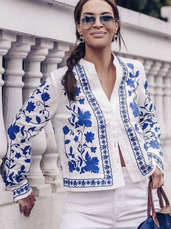 Kvinnors Broderad Kofta V-Ringad 100% Bomull-4