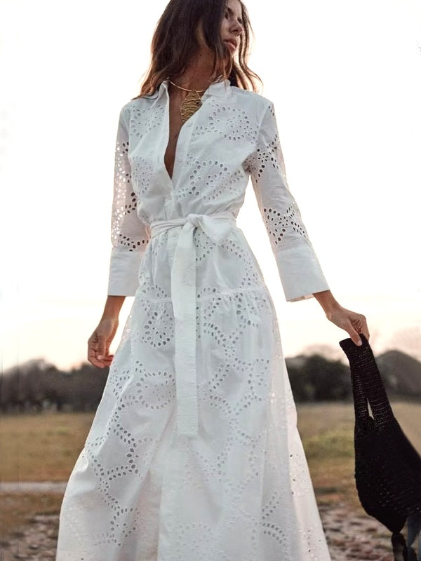 Dam Midi Klänning Hålstickad Polyester Elegant-3