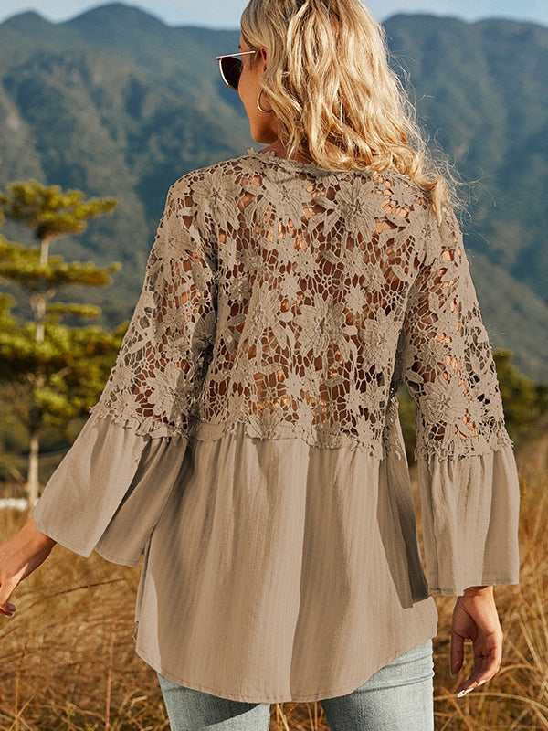 Elegant Dam Blus med Vintage Spetsdesign och Flödande Ärmar – Bomull och Polyester, Mångsidig för Vardag och Fest 4