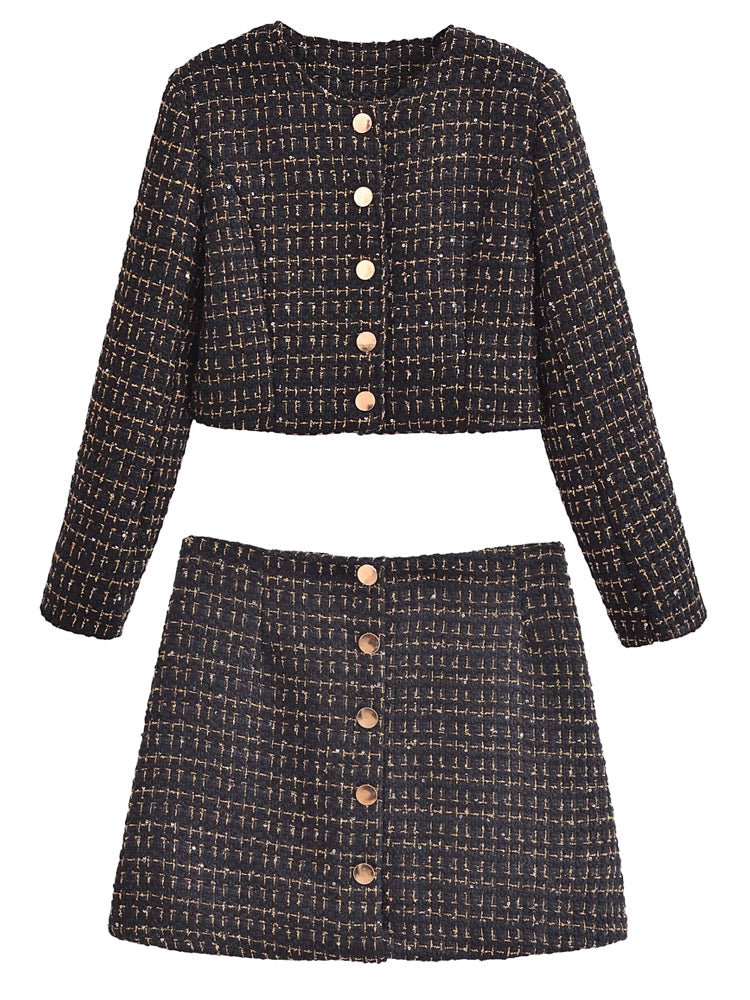 Dam Blazer Set Tweed Polyester med Gyllene Detaljer och Högskuren Minikjol 2