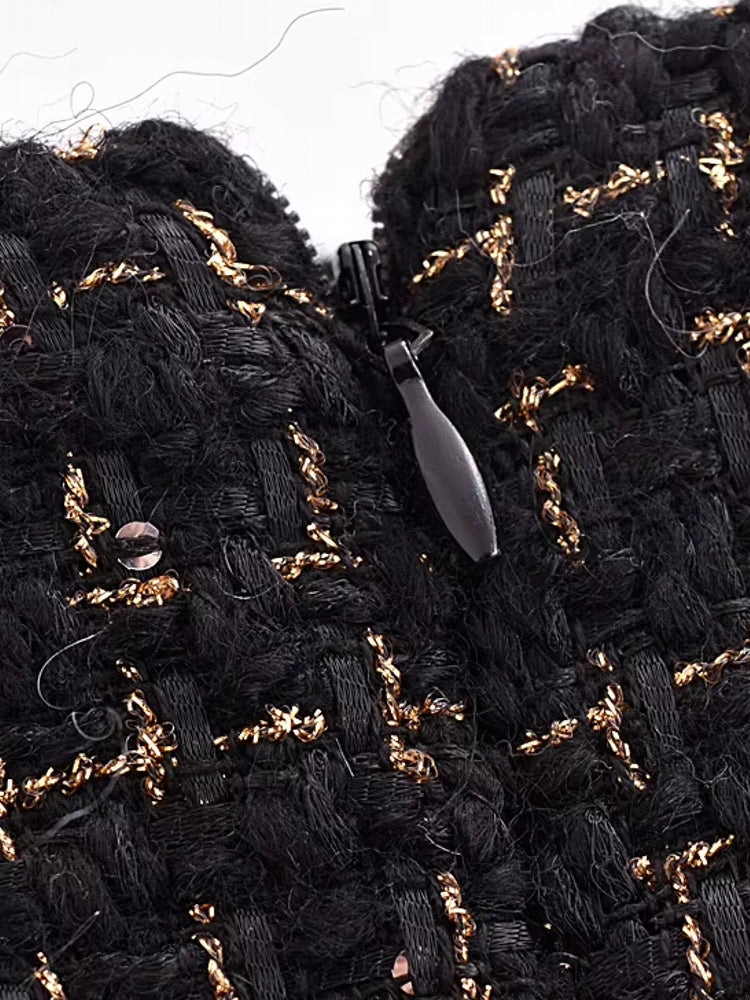 Dam Blazer Set Tweed Polyester med Gyllene Detaljer och Högskuren Minikjol 5
