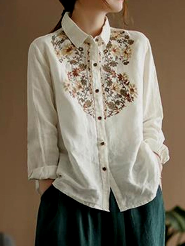 Kvinnors Blommig Skjorta Etnisk Stil Bomullslinn 4