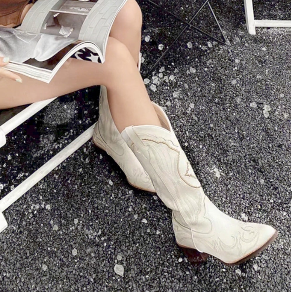 Kvinnors Riddarstövlar Spetsiga Syntetiskt Läder Med Broderad Design-3