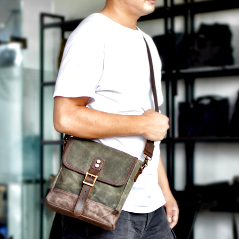 Unisex Axelväska Vaxad Bomull Med Kohud-5