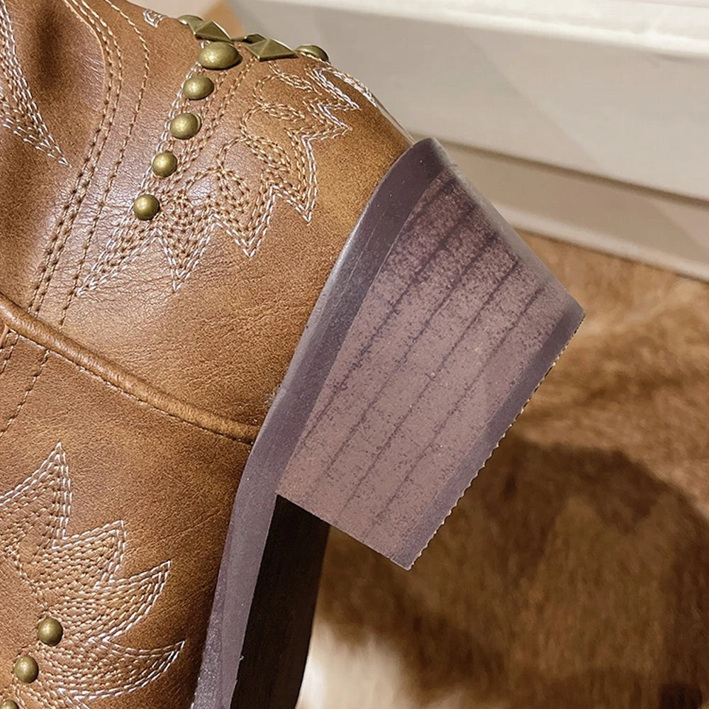 Dam Ankelboots Retro Broderade PU-Läder Med Gummisula 5