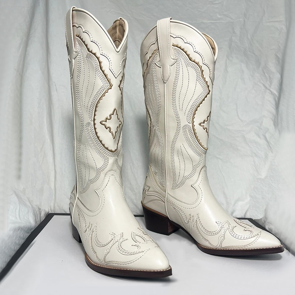 Kvinnors Riddarstövlar Spetsiga Syntetiskt Läder Med Broderad Design-2