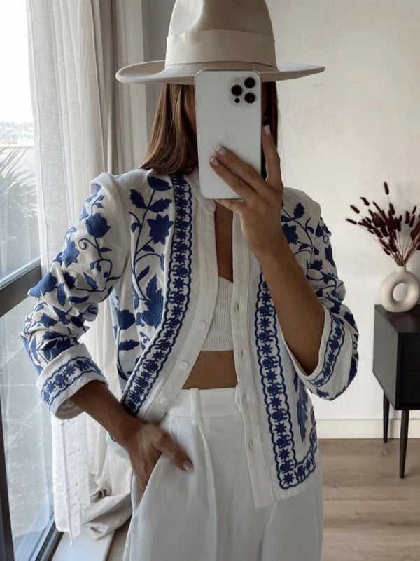 Kvinnors Broderad Kofta V-Ringad 100% Bomull-6