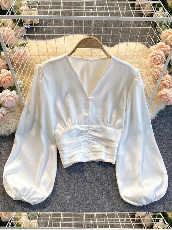 Variant image for Vit Dam Blus V-ringad Kortärmad Polyester med Puffärmar-1