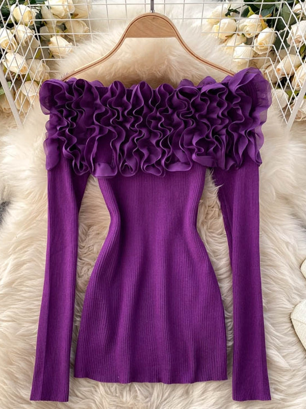 Dam Blus Utdrag Utanför Axlarna Polyester med 3D-Blommönster-3