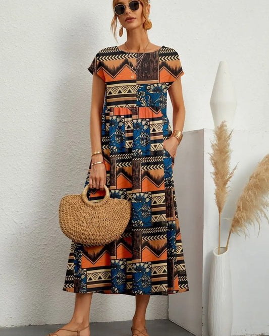 Dam Midiklänning Blommönster Ståkrage Polyester-Bomull-1