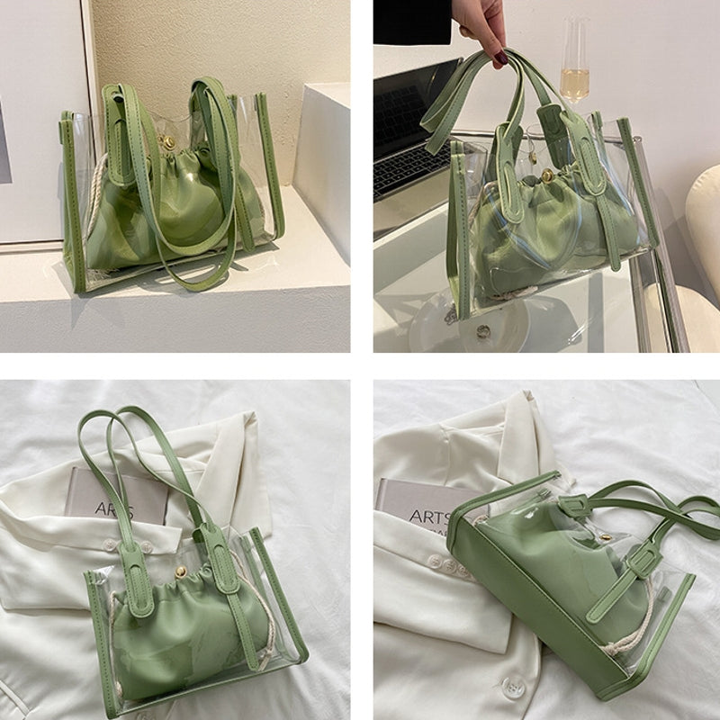 Dam Handväska Stor Transparent PU Läder med Flera Fickor-4