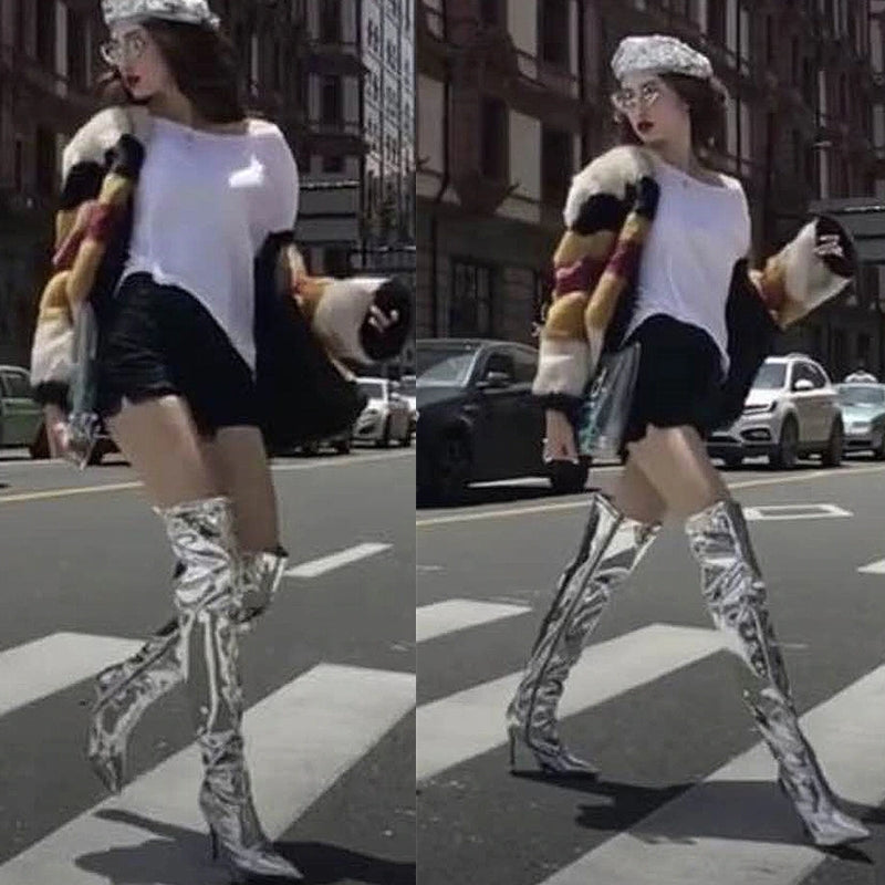 Dam Stövlar Över Knäet Spetsig Tå Hög Klack Syntetmaterial 4