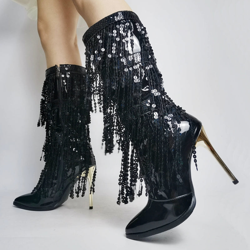 Variant image for Kvinnors Stövlar Medelhög Spetsig Mikromönster Med Fransar och Paljetter-14